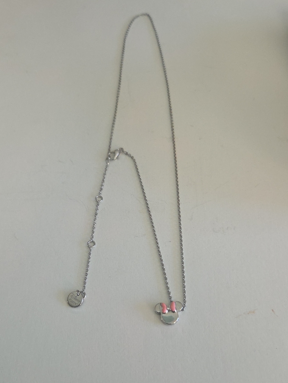 Disney Silvertone Minnie Mouse Pendant Necklace with Pink Bow and Orig Box